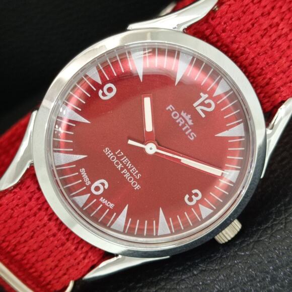 Vintage 1974 Fortis Manual Mens Silver Watch W/Nato Strap & Red accents